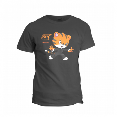 black t-shirt, with cat print developed through transfer film in polyurethane for printing and cutout in orange and black, has elasticity and resistance to dents.