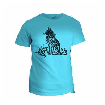 blue t-shirt with preto feito cat print with laser cut film.