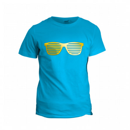 camiseta azul com estampa feita através de transfer de corte metálico dourado