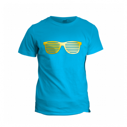 blue t-shirt with a feita print through a gold metallic transfer