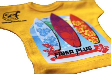 transfer printing film with a velvety touch applied as a print on a yellow T-shirt.