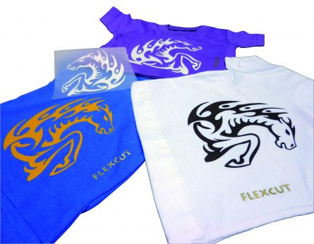 one blue t-shirt, one white t-shirt and one purple t-shirt demonstrating the application of a pattern with plotter-cutting film in silver
