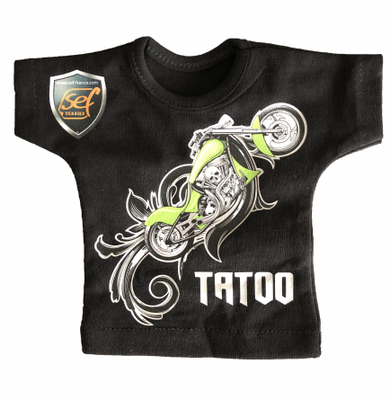 a black T-shirt with a motorcycle printed through a 100% PU print transfer film.