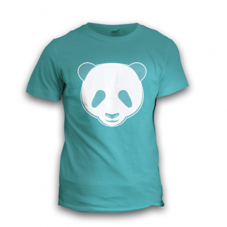 una camiseta azul de piscina con estampado de cara de oso panda hecha con película recortada con un toque aterciopelado en blanco