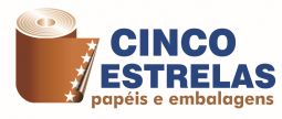 logotipo de la empresa 5 estrellas de papel y embalaje escrito en azul y marrón con 5 estrellas dibujadas en un rollo de papel al lado de la escritura